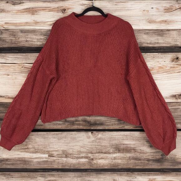 BP Women’s Red Pomegranate Cropped Cable Knit Sweater Balloon Sleeve Size L NWT - Picture 1 of 8